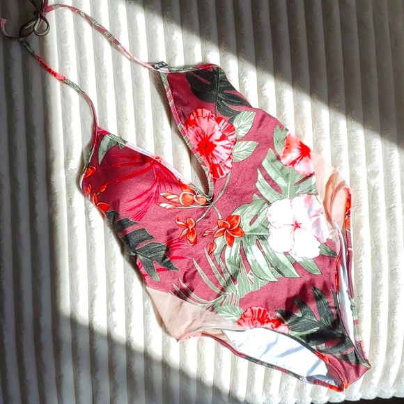 Victoria's Secret Pink Medium Tropical One Piece Plunge Swimsuit - Picture 2 of 10